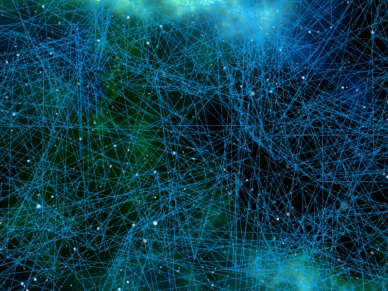 Graphic: network diagram on black background that looks like it's glowing cool blue and green.